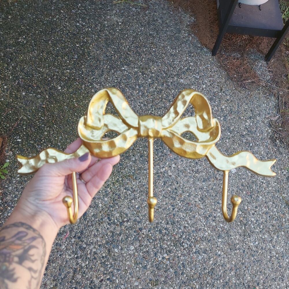 Gold Bow Hooks for Girls: Cute vtg Triple Hook Wall Mount for Nursery Bedroom
